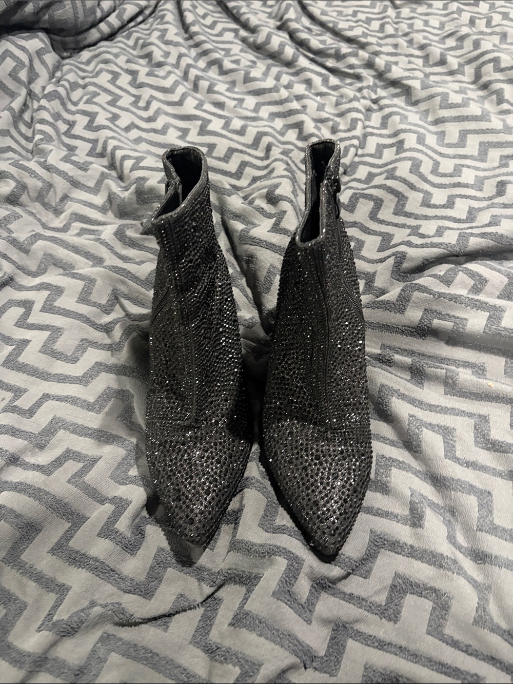 Pink Rose Black Crystal Embellished Pointed Toe Ankle Booties